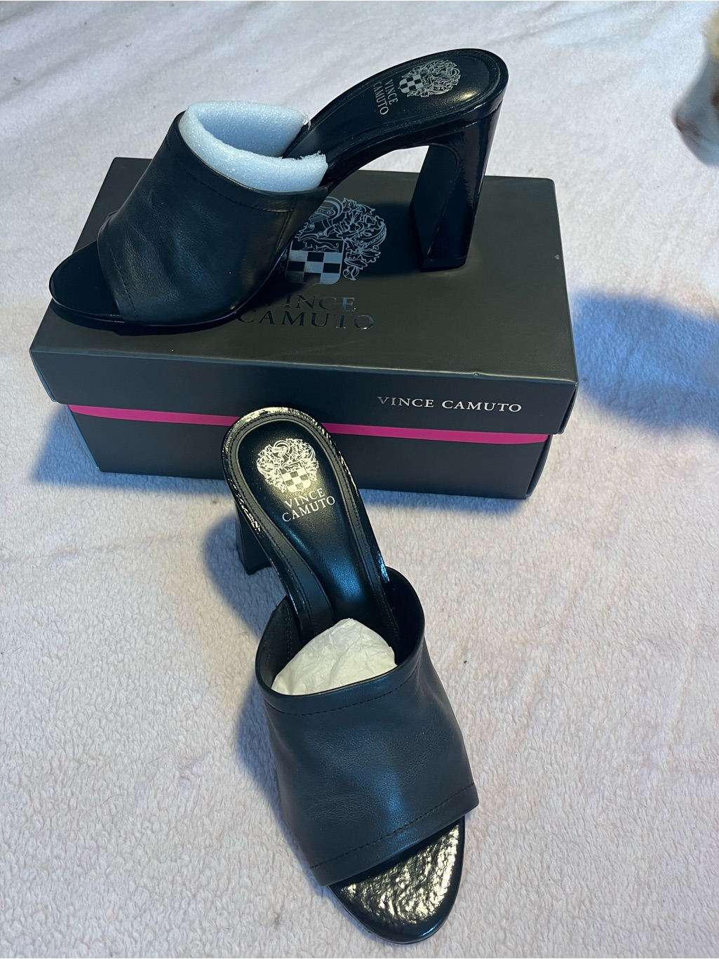 Vince Camuto Black Leather Open-Toe Block Heel Mules